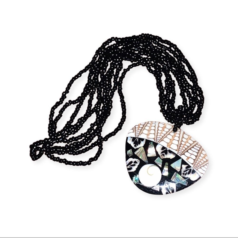 Vintage NWT Sajen Mother Of Pearl Abalone Onyx Beaded Necklace 18”